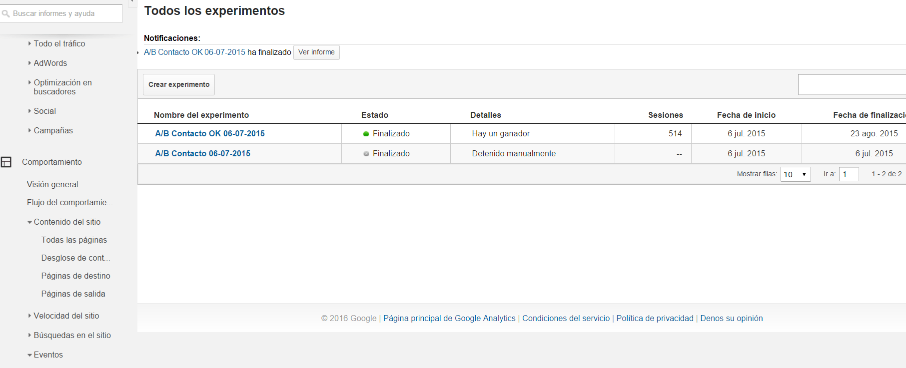 Google analytics. Experimentos