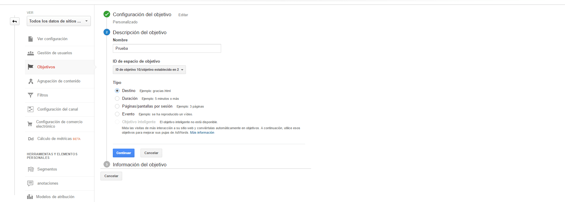 objetivos en Google Analytics