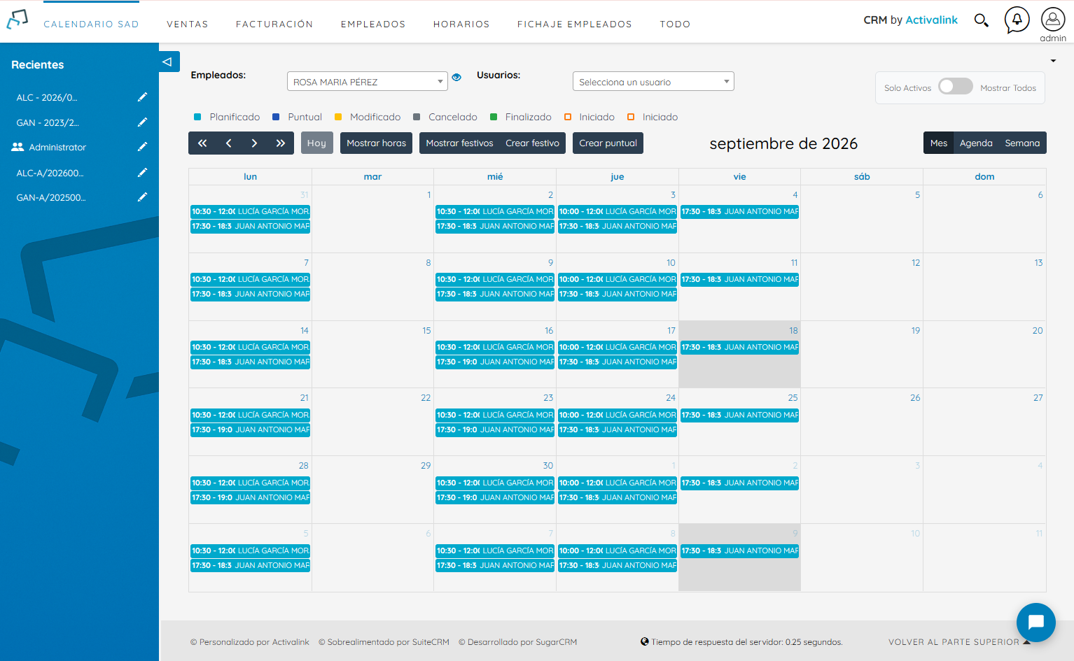 Calendario de planificación de ActivaSAD con visitas y empleados