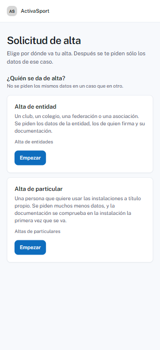 ActivaSport en móvil — solicitud de alta para entidades y particulares