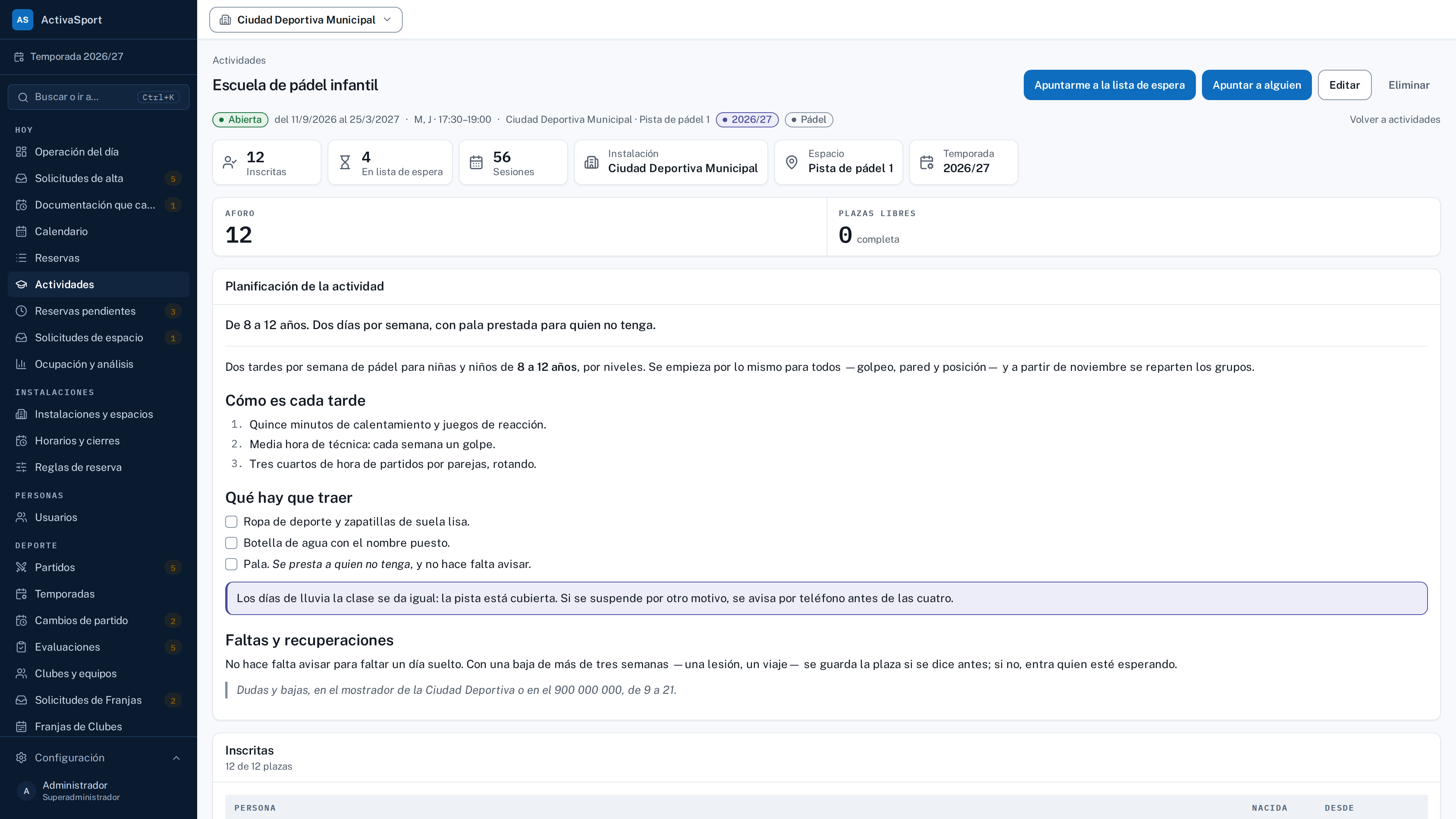 Ficha de actividad en ActivaSport — aforo, horarios, planificación y espacio asignado