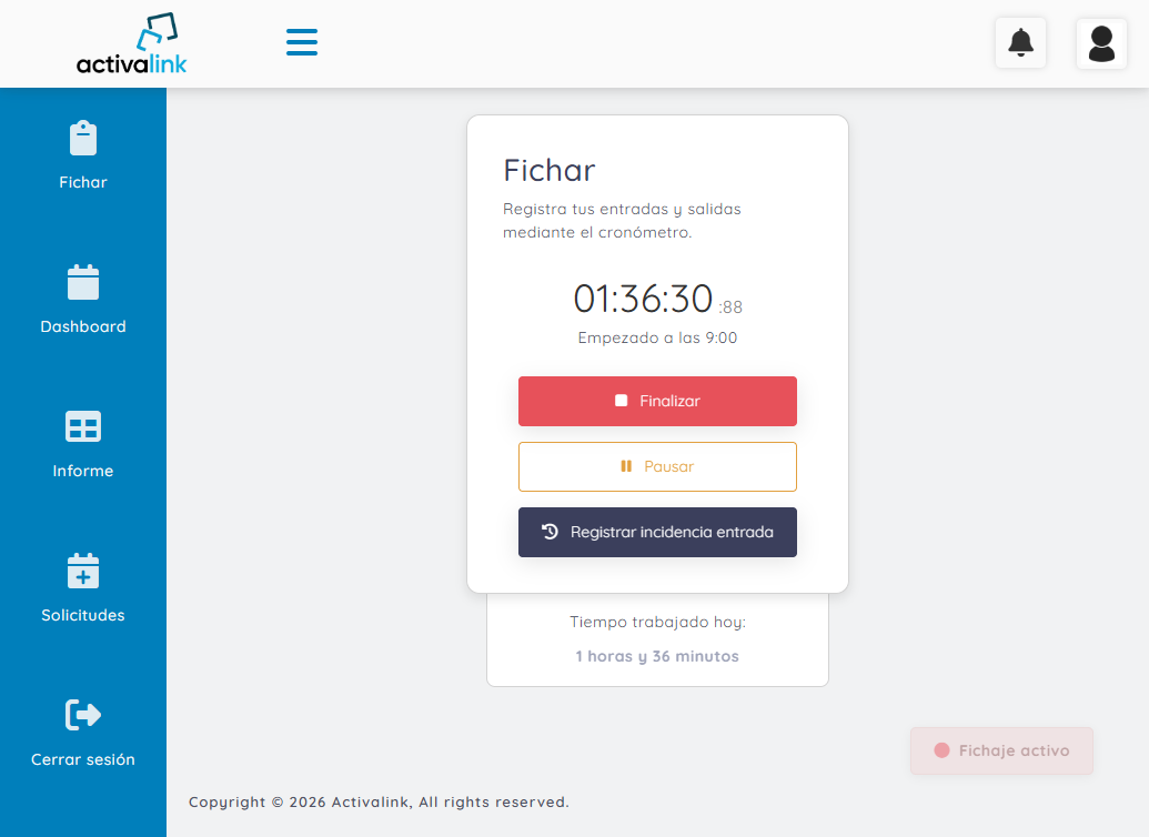 Pantalla de fichaje de Registro Horario con cronómetro activo