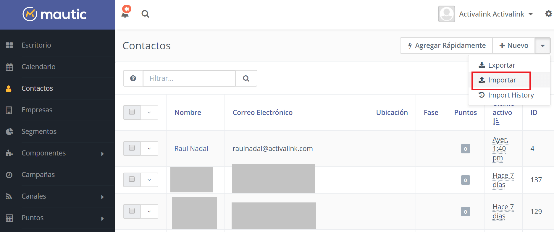 importar base de datos a Mautic
